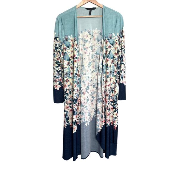 BCBGMAXAZRIA Floral Long Open Front Wrap Dress Kimono Duster Size Large - Picture 3 of 7